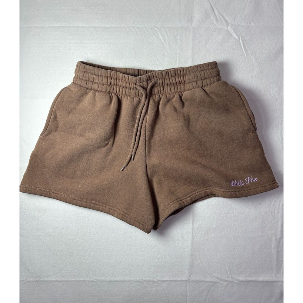White Fox Fleece Sweat Shorts Brown Embroidered Script Logo High Waisted Small